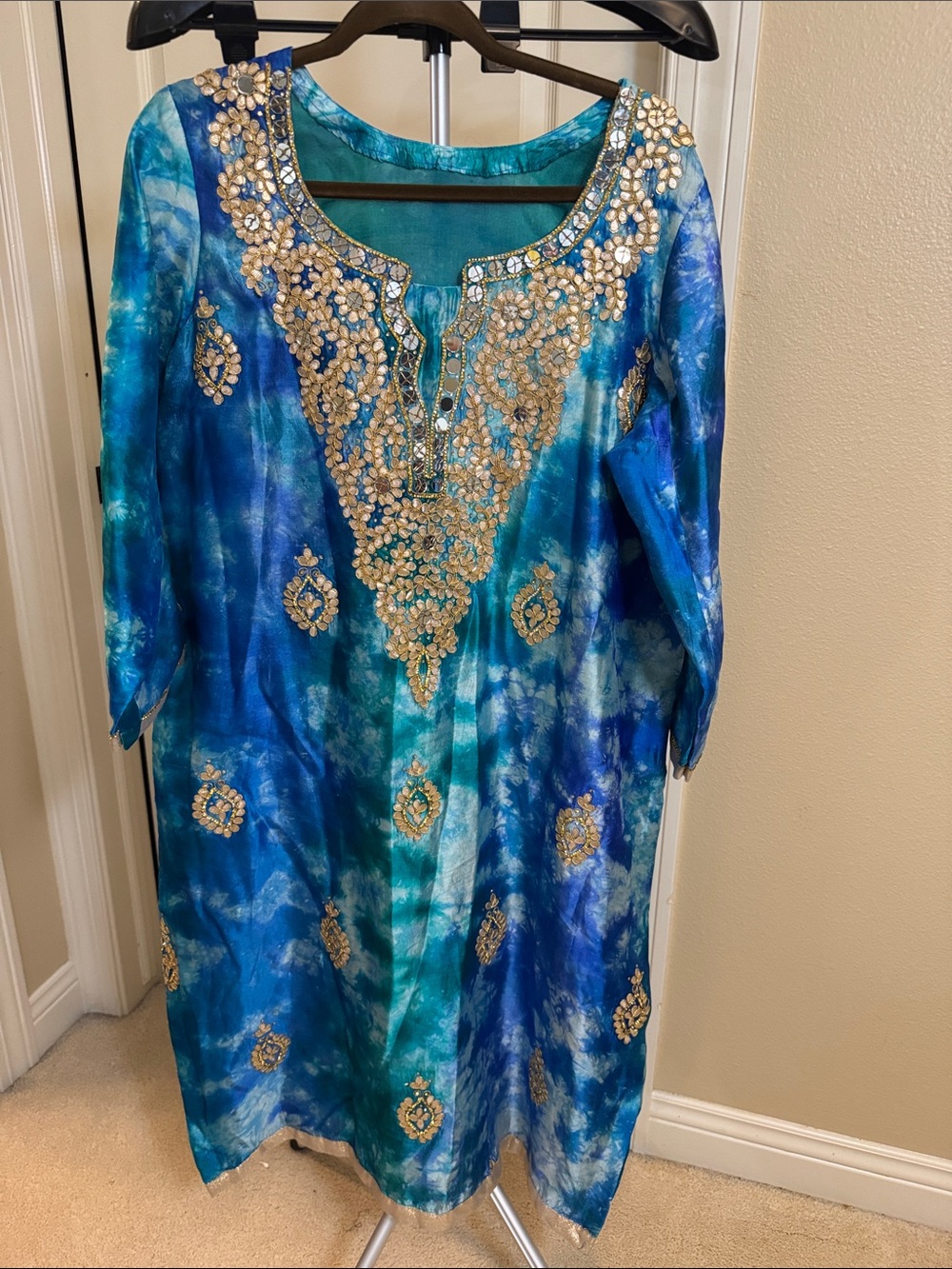 Raw silk royal blue Gota and mirror work kurta 2 pcs set